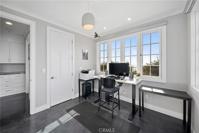 office area featuring recessed lighting, baseboards, and crown molding