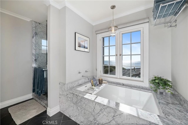 full bathroom featuring tile patterned floors, a garden tub, a marble finish shower, and ornamental molding