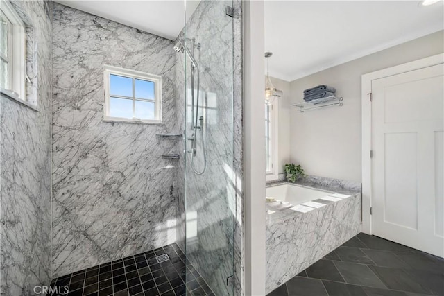 bathroom featuring a marble finish shower, a bath, and ornamental molding