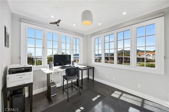 office space with finished concrete flooring, recessed lighting, and baseboards