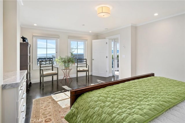 bedroom featuring recessed lighting, baseboards, dark wood-style floors, and ornamental molding