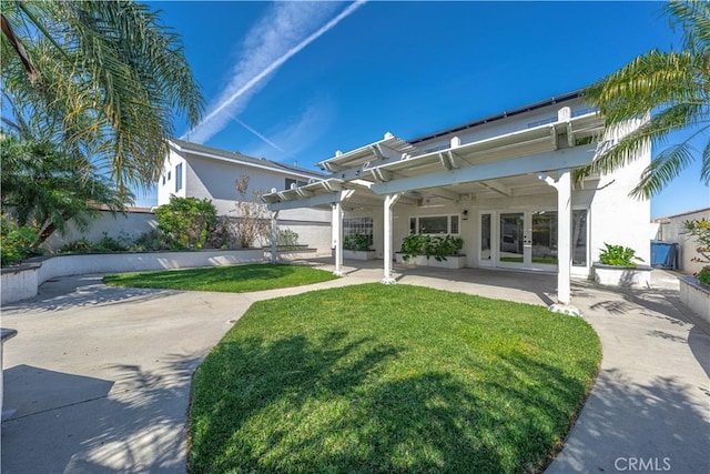 exterior space featuring french doors, a patio, fence, and a pergola