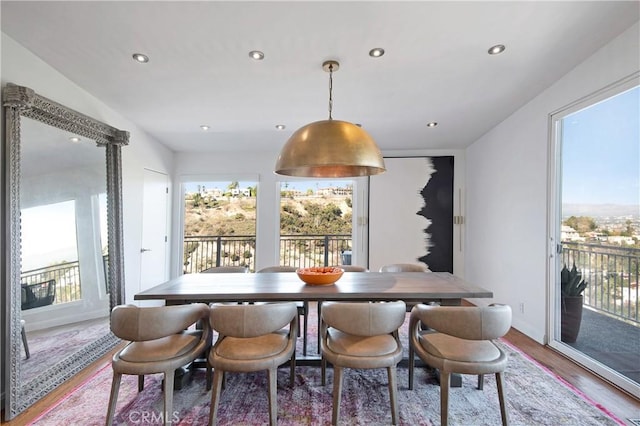 dining area with recessed lighting, baseboards, a healthy amount of sunlight, and wood finished floors