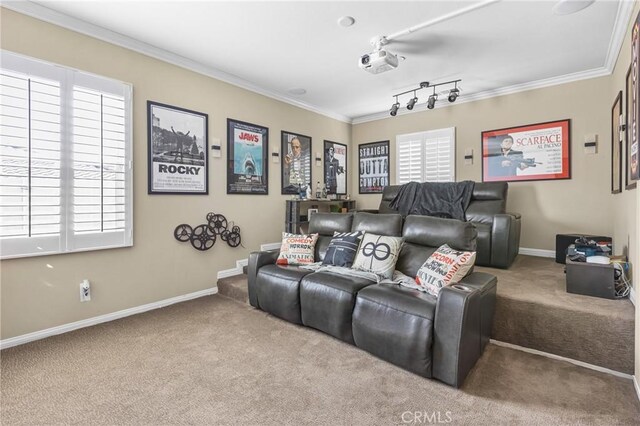 carpeted cinema featuring crown molding, rail lighting, and baseboards