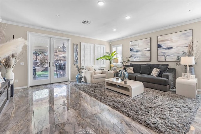 living room featuring visible vents, baseboards, ornamental molding, french doors, and marble finish floor