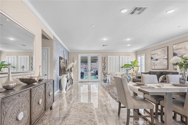 dining room featuring visible vents, marble finish floor, ornamental molding, recessed lighting, and french doors