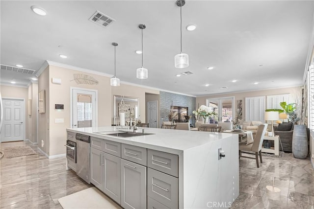 kitchen featuring dishwasher, a sink, visible vents, and gray cabinetry