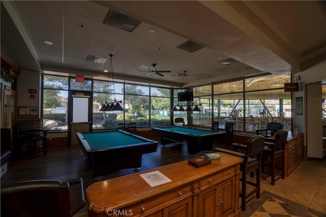 recreation room with pool table, tile patterned flooring, and ceiling fan