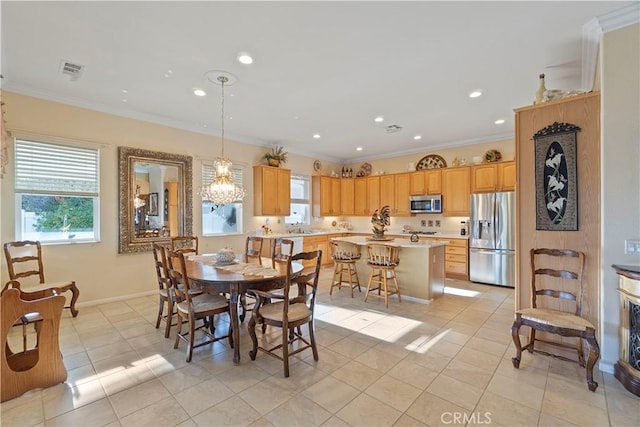 dining room featuring visible vents, recessed lighting, crown molding, light tile patterned floors, and baseboards