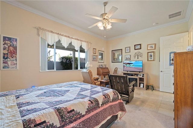 bedroom with crown molding, light tile patterned floors, light colored carpet, and visible vents