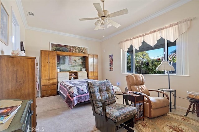 bedroom with baseboards, visible vents, ceiling fan, ornamental molding, and carpet flooring