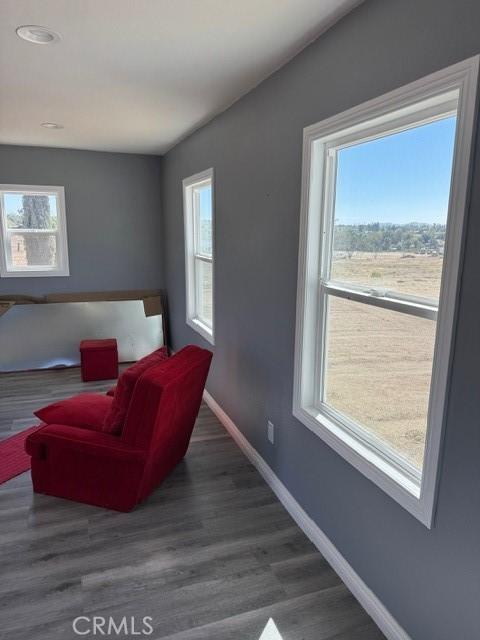 living area with baseboards, plenty of natural light, and wood finished floors