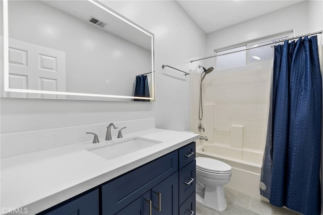 full bathroom featuring vanity, shower / bathtub combination with curtain, visible vents, tile patterned floors, and toilet