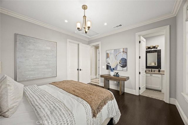 bedroom with crown molding, dark wood-style floors, visible vents, and baseboards