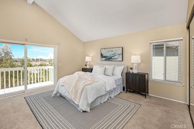 bedroom with access to outside, baseboards, high vaulted ceiling, and light carpet