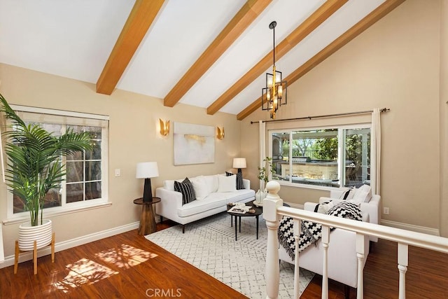 living room featuring baseboards, beamed ceiling, an inviting chandelier, wood finished floors, and high vaulted ceiling