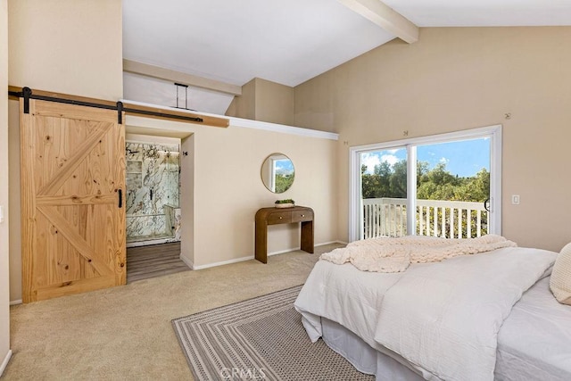 carpeted bedroom with baseboards, high vaulted ceiling, beam ceiling, access to exterior, and a barn door