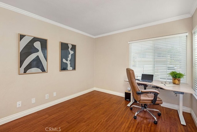 office with crown molding, baseboards, and wood finished floors