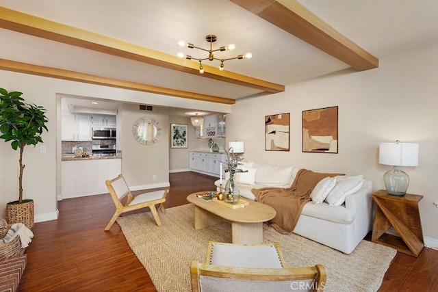 living room with beamed ceiling, visible vents, baseboards, and dark wood-style flooring