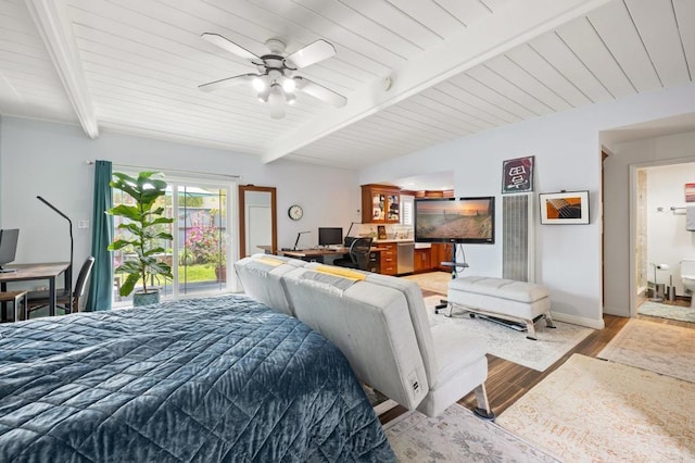 bedroom with a ceiling fan, baseboards, light wood-style flooring, vaulted ceiling with beams, and wooden ceiling