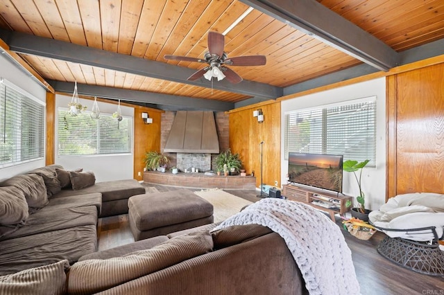 living area with beamed ceiling, wooden ceiling, a ceiling fan, and wood finished floors