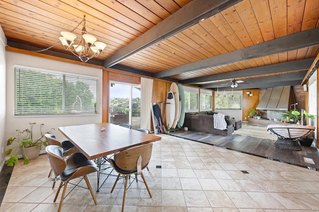 dining room featuring tile patterned flooring, beamed ceiling, wooden ceiling, and an inviting chandelier