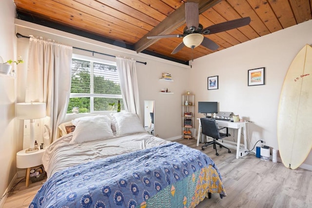 bedroom featuring beam ceiling, a ceiling fan, wood finished floors, baseboards, and wood ceiling