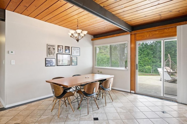 dining space featuring light tile patterned flooring, beamed ceiling, wood ceiling, and baseboards