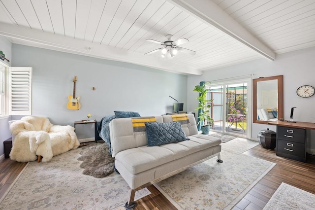 bedroom with beamed ceiling, access to exterior, wood finished floors, wood ceiling, and ceiling fan