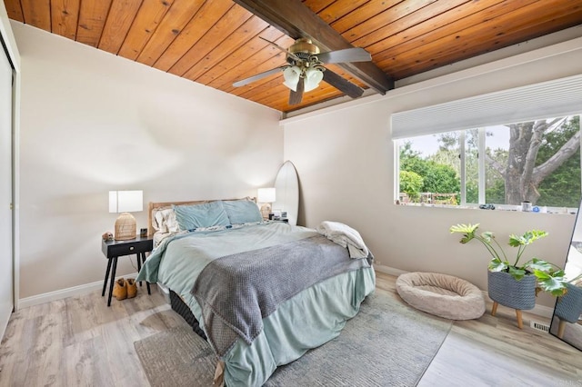 bedroom with wood finished floors, beamed ceiling, wood ceiling, and baseboards