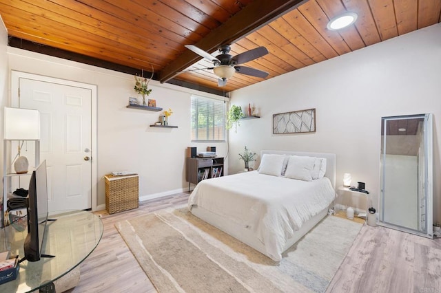 bedroom featuring beamed ceiling, baseboards, wood finished floors, and wooden ceiling