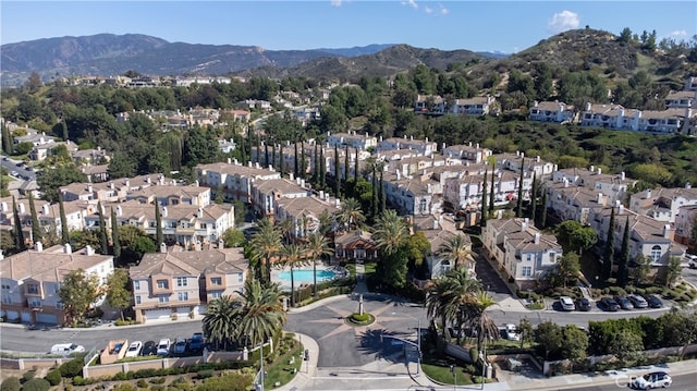 aerial view featuring a residential view and a mountain view