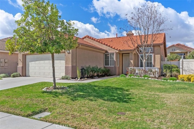 mediterranean / spanish-style house with a front lawn, a tiled roof, concrete driveway, stucco siding, and a chimney