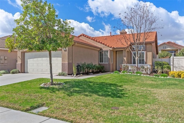 29135 Paradise Canyon Dr, Menifee, CA 92584 - mediterranean / spanish house with a garage, stucco siding, a chimney, concrete driveway, and a tiled roof