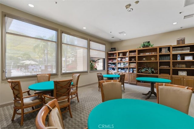 rec room featuring visible vents, recessed lighting, baseboards, and carpet floors