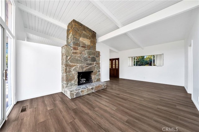 unfurnished living room with visible vents, beam ceiling, wood finished floors, and a fireplace