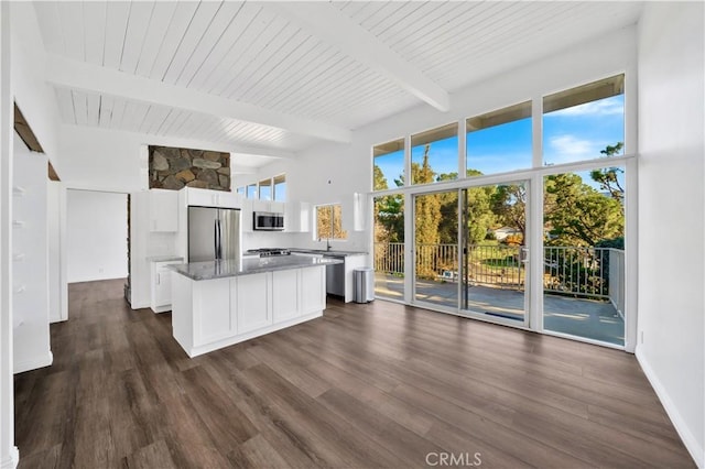 9970 Shadow Hills Dr, Sunland, CA 91040 - kitchen with a center island, dark wood-style flooring, white cabinetry, beamed ceiling, and stainless steel appliances