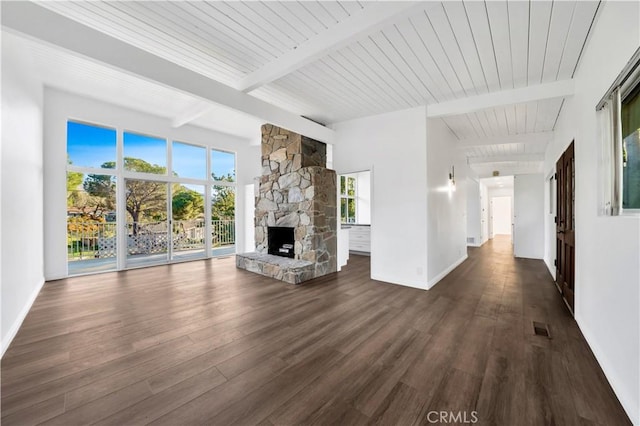 unfurnished living room featuring beamed ceiling, baseboards, visible vents, and dark wood-style flooring