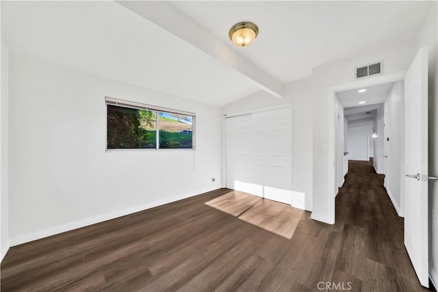 9970 Shadow Hills Dr, Sunland, CA 91040 - unfurnished bedroom featuring wood finished floors, a closet, vaulted ceiling with beams, baseboards, and recessed lighting