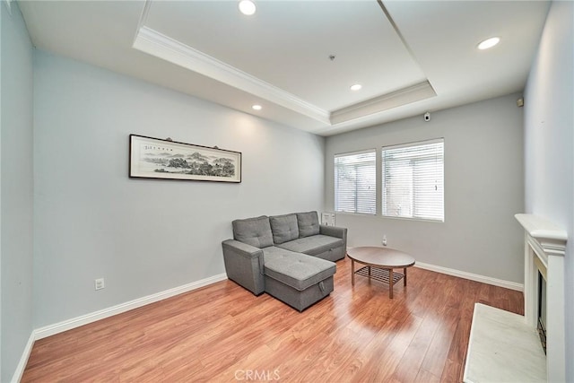 living area with a raised ceiling, light wood-style flooring, and crown molding