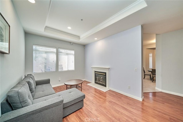 living area featuring light wood finished floors, a glass covered fireplace, a tray ceiling, and ornamental molding