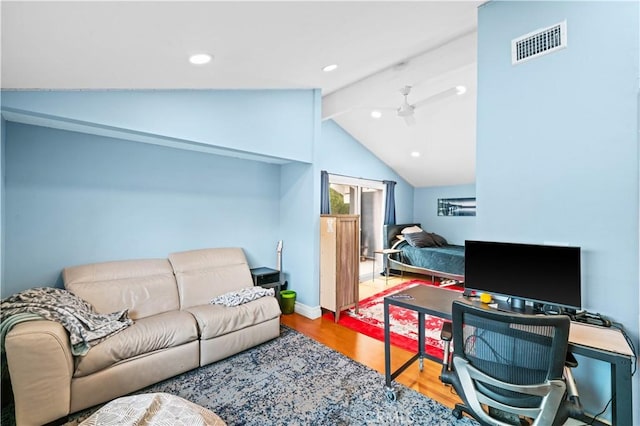 home office with visible vents, vaulted ceiling with beams, ceiling fan, recessed lighting, and wood finished floors