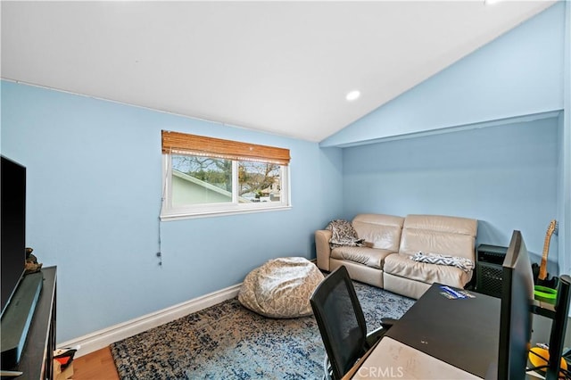 office area with recessed lighting, baseboards, lofted ceiling, and wood finished floors