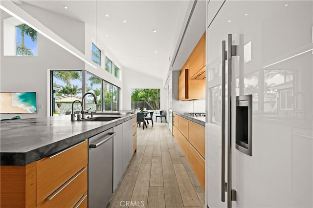 kitchen featuring a spacious island, light wood-style flooring, stainless steel appliances, a sink, and modern cabinets