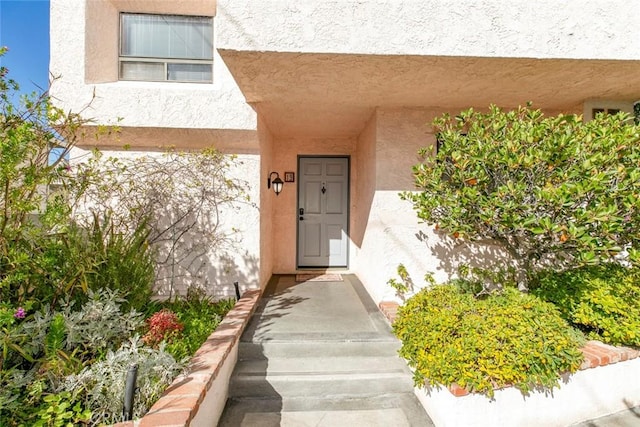 property entrance featuring stucco siding