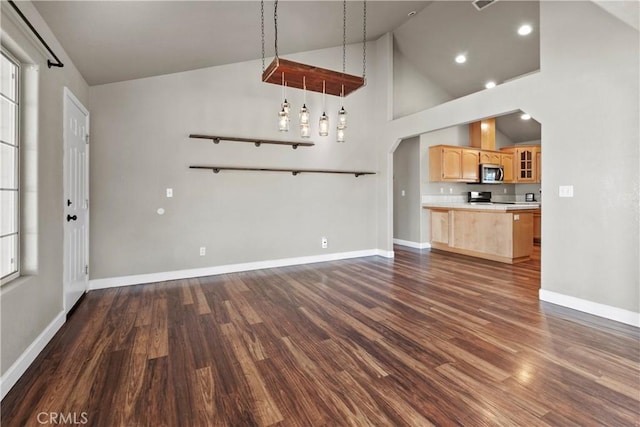 unfurnished living room featuring arched walkways, baseboards, high vaulted ceiling, and dark wood-style flooring