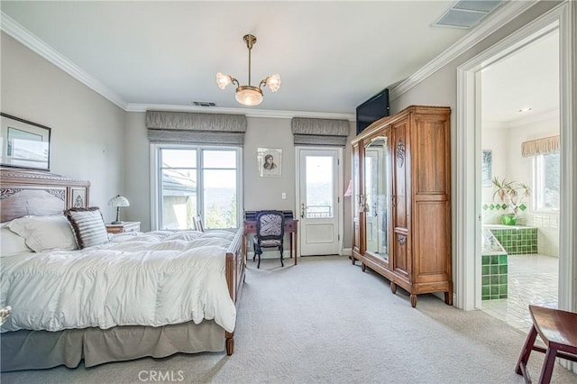 bedroom featuring light carpet, visible vents, access to outside, and ornamental molding