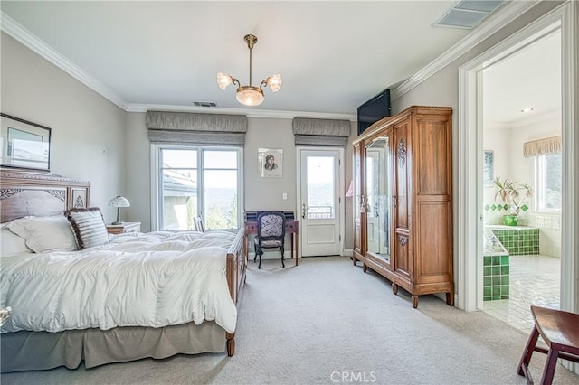 50369 Rd 420, Coarsegold, CA 93614 - bedroom with multiple windows, light colored carpet, ornamental molding, access to outside, and a chandelier
