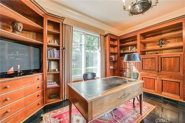 home office with crown molding