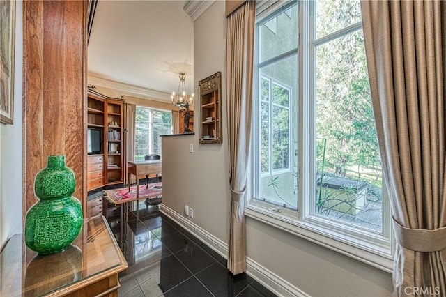 50369 Rd 420, Coarsegold, CA 93614 - home office with baseboards, a chandelier, granite floors, and crown molding